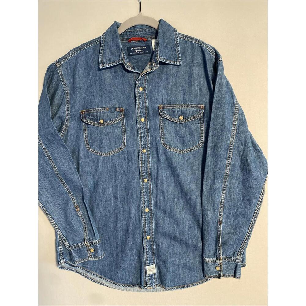 Levi Strauss Signature Men’s Denim Shirt Pearl Snaps Size M Western 100% Cotton